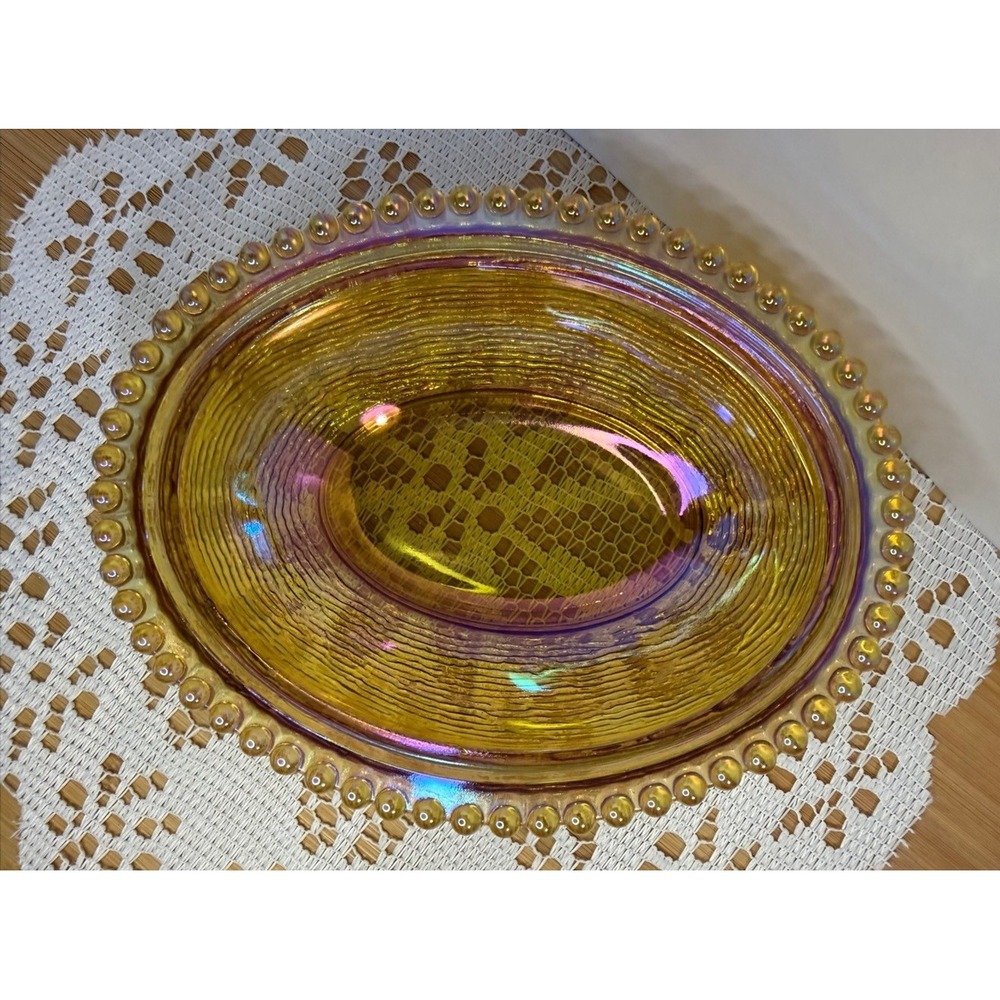 Indiana Glass Amber Carnival Glass Hen on Nest Beaded Candy Dish Vintage - Picture 12 of 16